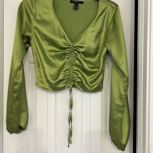 Forever 21 Olive Satin Ruched Blouse